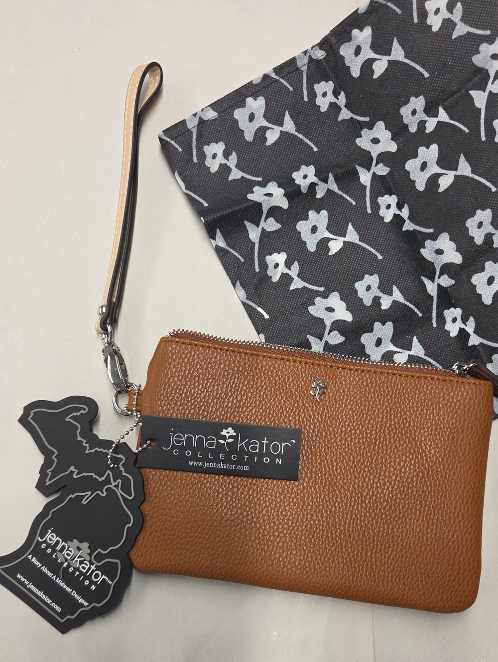 Jenna Kator Tan Pebbled Wristlet Clutch